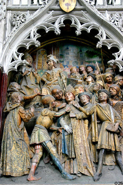 Polychrome figures in religious scene at Amiens Cathedral. Amiens, France.