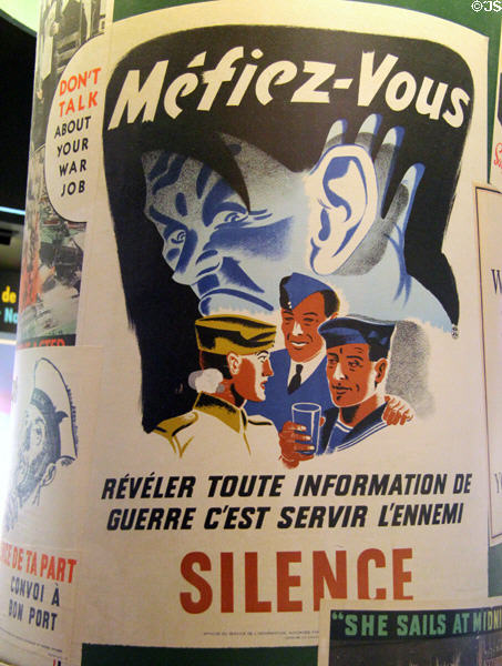 Silence (revealing info serves the enemy) Canadian WWII poster at Juno Beach Centre. Courseulles-sur-Mer, France.