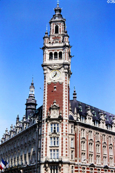 Bell tower of Lille Chamber of Commerce on Theatre Place. Lille, France.