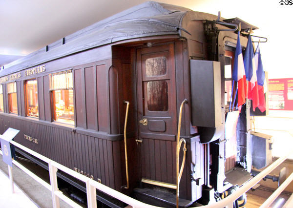 Duplicate of Marshal Foch rail car where armistices with Germany were signed in 1918 & 1940 at Armistice Rail Car clearing. Compiègne, France.