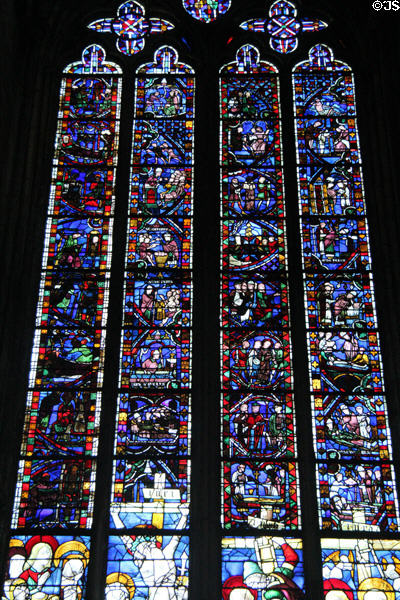 Stained glass windows (1465-70) by Guillaume Barbe of story of St Severus at Rouen Cathedral. Rouen, France.