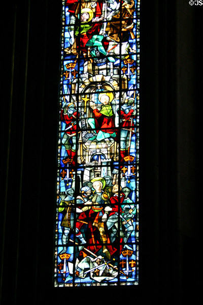 Stained glass window (1956) by Max Ingrand of life of Joan of Arc at Rouen Cathedral. Rouen, France.
