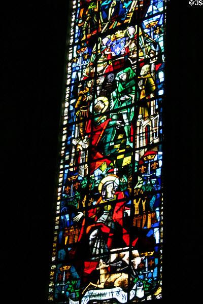 Stained glass window of life of Joan of Arc at Rouen Cathedral. Rouen, France.