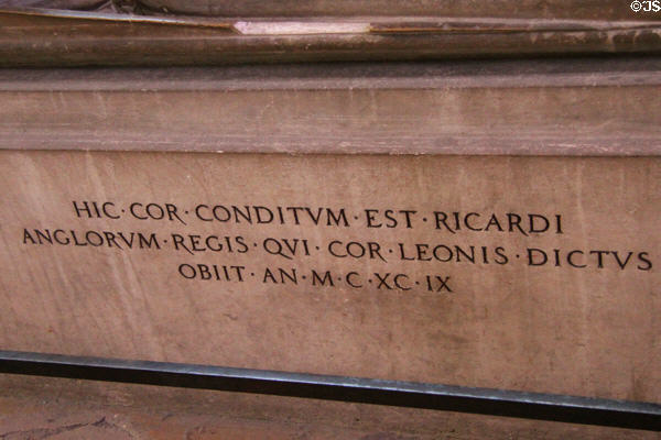 Inscription of tomb of Richard Lion-Heart at Rouen Cathedral. Rouen, France.