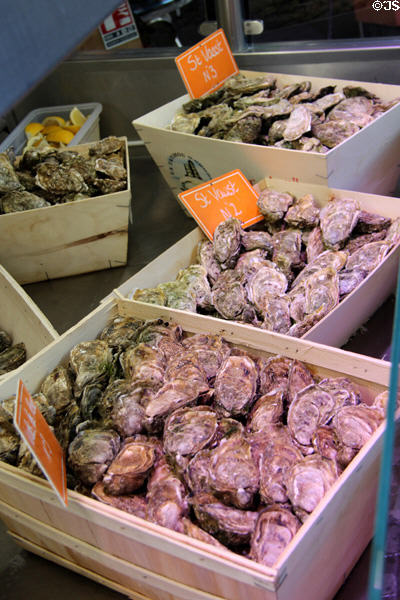 Oysters at St Joan of Arc open-air marketplace. Rouen, France.