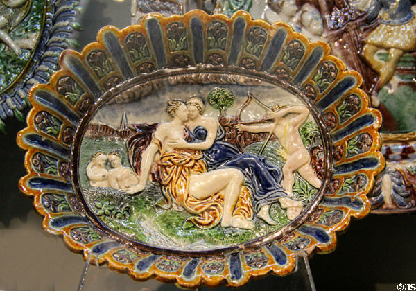 Glazed earth bowl with Jupiter & Callisto (start 17thC) by workshop of Fontainebleau (aka Avon) at Rouen Ceramic Museum. Rouen, France.
