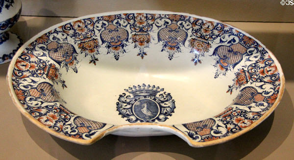 Rouen-made earthenware barber bowl (c1725) at Rouen Ceramic Museum. Rouen, France.