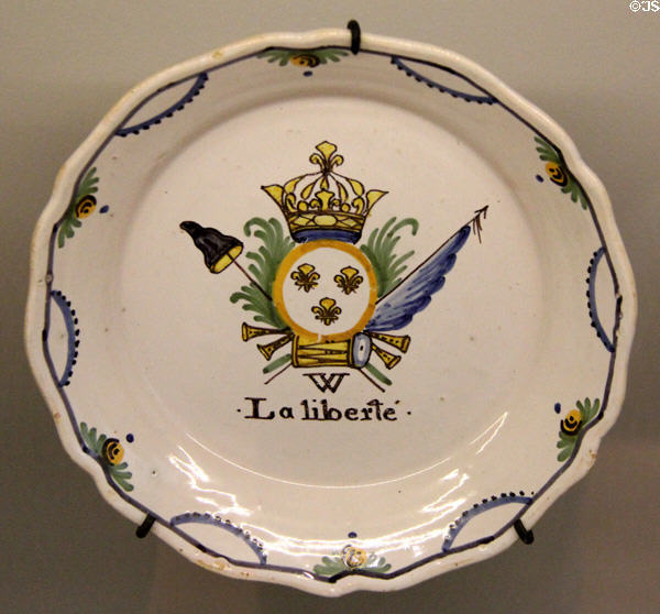 La liberté earthenware plate with Revolutionary era symbols (end 18thC) from Nevers, France at Rouen Ceramic Museum. Rouen, France.