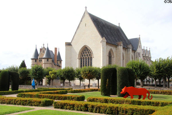 Formal gardens with light hearted animal sculptures at Angers Chateau. Angers, France.