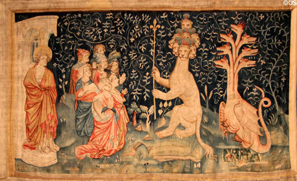 Worship of Beast from Apocalypse Tapestry at Angers Chateau. Angers, France.