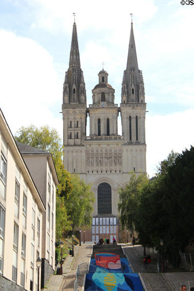 Steps rising to St Maurice of Angers Cathedral front facade. Angers, France.