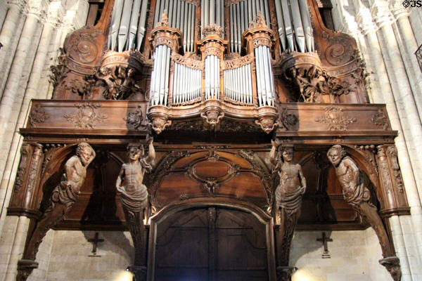 Telamones (figures) supporting organ at St Maurice of Angers Cathedral. Angers, France.