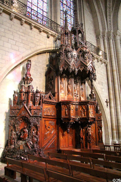 Ornately carved pulpit (19thC) done in 13th C Gothic style by Abbé René Choyer at St Maurice of Angers Cathedral. Angers, France.