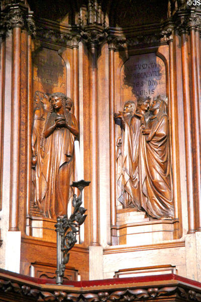 Carvings on back panel of pulpit at St Maurice of Angers Cathedral. Angers, France.