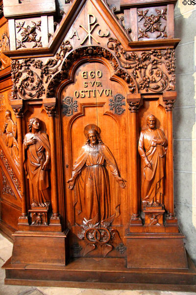 Carving of Christ at base of pulpit t St Maurice of Angers Cathedral. Angers, France.