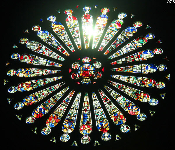 South rose window (1452) by André Robin representing God in Majesty, the Zodiac & the Elders of the Apocalypse at St Maurice of Angers Cathedral. Angers, France.