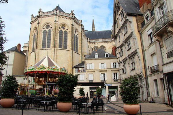 Place Sainte-Croix with apse of St Maurice Cathedral & Maison Adam. Angers, France.