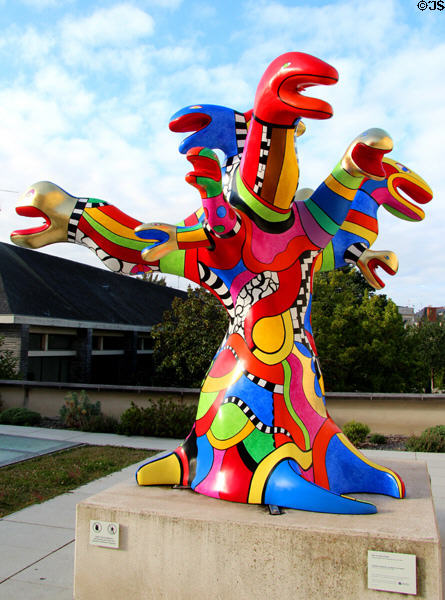 Snake Tree sculpture (1992) by Niki de Saint Phalle on upper terrace of Angers Fine Arts Museum. Angers, France.
