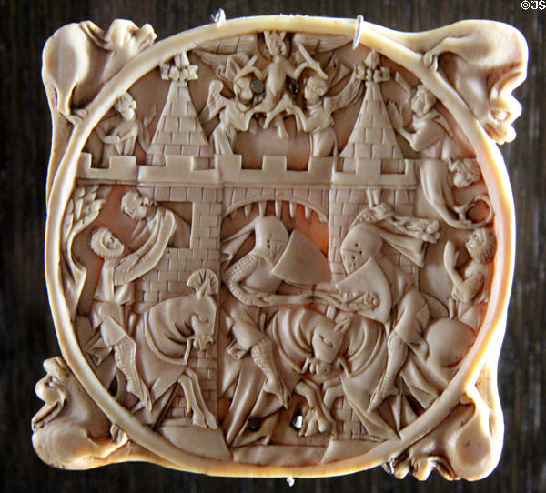 Scene, carved in ivory, of attack on castle (c1330-50) at Angers Fine Arts Museum. Angers, France.