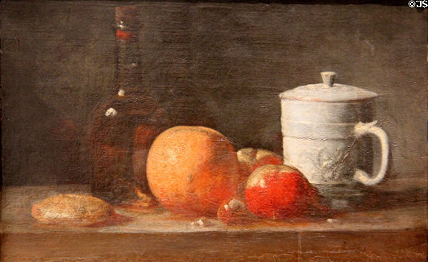 Fruits, bottle & Ceramic Pot painting (c1764) by Jean Siméon Chardin at Angers Fine Arts Museum. Angers, France.