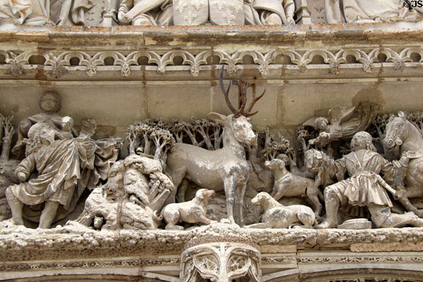 Detail of hunting scene carved over portal of St Hubert's Chapel at Chateau Royal of Amboise. Amboise, France.