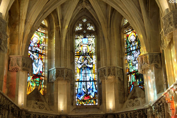 Stained glass windows (1952) depicting life of Louis IX (St. Louis) in St Hubert's Chapel at Chateau Royal of Amboise. Amboise, France.