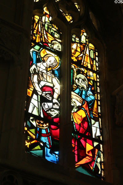 Stained glass window (1952) of life of St Louis in St Hubert's Chapel at Chateau Royal of Amboise. Amboise, France.