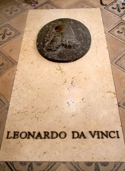 Tomb of Leonardo Da Vinci who died in Amboise in 1519 in St Hubert's Chapel at Chateau Royal of Amboise. Amboise, France.