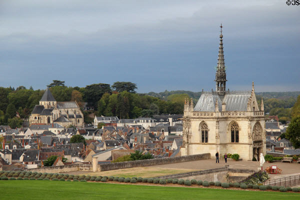View of St Hubert's Chapel & town of Amboise at Chateau Royal of Amboise. Amboise, France.