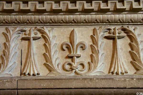Detail of fireplace carving of ermine tail representing Queen Anne of Brittany & Fleur de Lys of the Kings of France in Council Chamber at Chateau Royal of Amboise. Amboise, France.