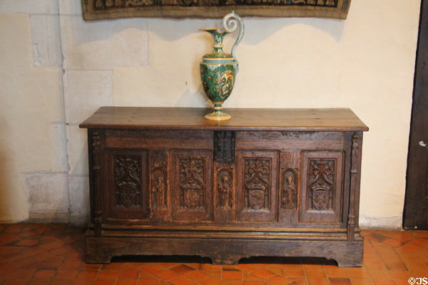 Carved wooden chest in Cupbearer's Room in Royal Lodge at Chateau Royal of Amboise. Amboise, France.