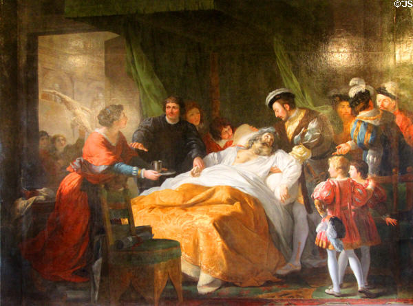 Death of Leonardo da Vinci in the Arms of François I painting by François-Guillaume Ménageot in King's bedchamber in Royal Lodge at Chateau Royal of Amboise. Amboise, France.