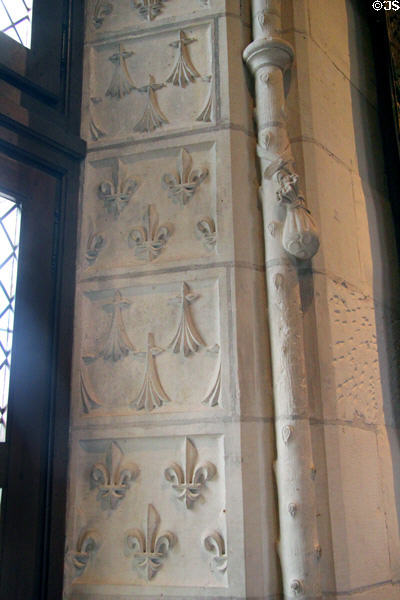 Original sculpted embrasure (15thC) of ermine tail emblem of Queen Anne of Brittany & her daughter Claude of France, wife of François I & Fleur de Lys of the Kings of France in Royal Lodge at Chateau Royal of Amboise. Amboise, France.