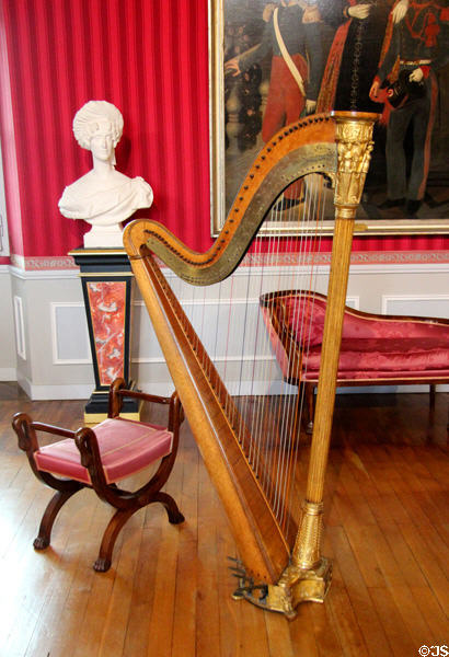 Erard harp (19thC) in Music room in Royal Lodge at Chateau Royal of Amboise. Amboise, France.