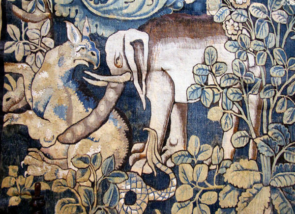 Tapestry detail with crude representation of an elephant at Château de Clos Lucé. Amboise, France.