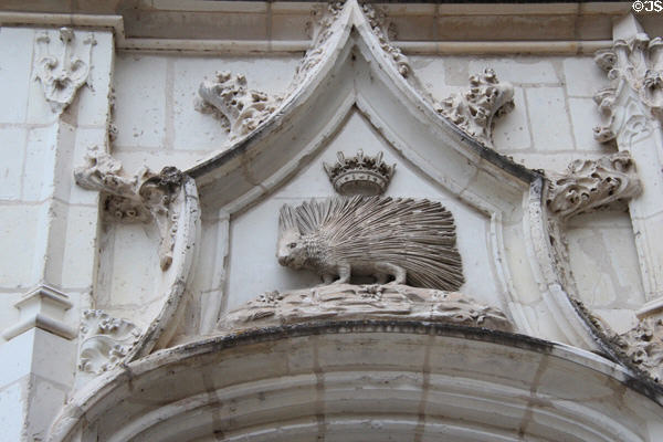 Porcupine emblem of Louis XII carved on Blois Chateau. Blois, France.