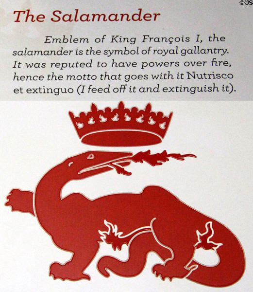 Salamander emblem of King François I (an animal reputed to go through fire & survive) plaque at Blois Chateau. Blois, France.