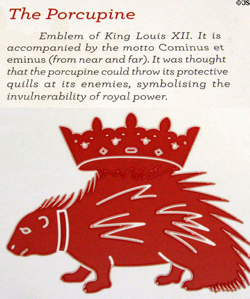 Porcupine emblem of Louis XII (a symbol thought to be able to throw protective quills at enemies) plaque at Blois Chateau. Blois, France.
