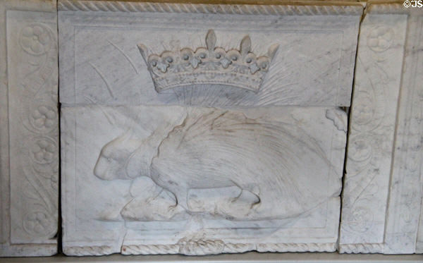 Porcupine throwing quills stone carving of Louis XII salvaged at Blois Chateau. Blois, France.