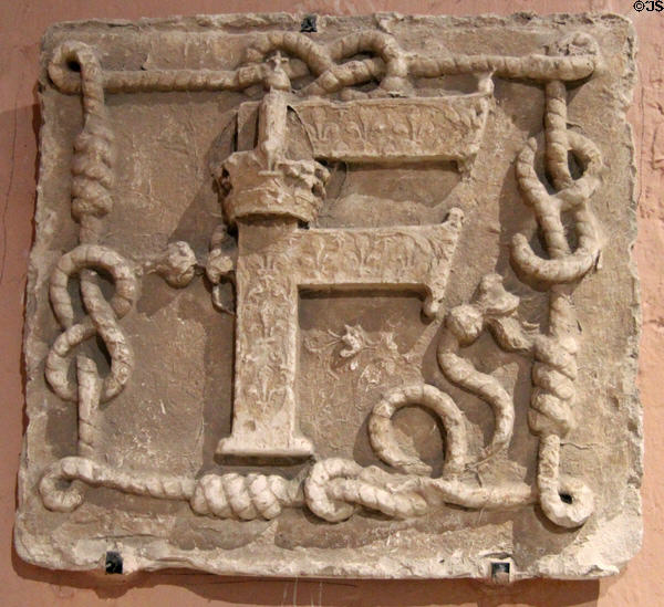 Initial F with crown & knots carving from Blois symbolic of King François I salvaged at Blois Chateau. Blois, France.