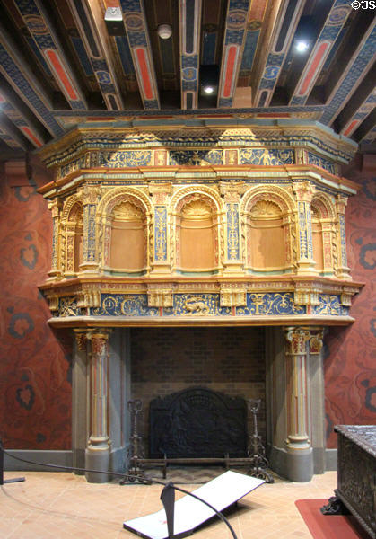 Renaissance fireplace decorated with François I salamander & initials in François I Renaissance wing at Blois Chateau. Blois, France.