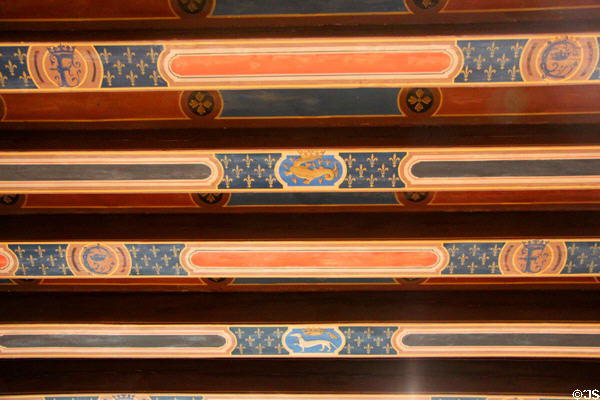 Renaissance ceiling beams decorated with François I salamander & initials in François I Renaissance wing at Blois Chateau. Blois, France.