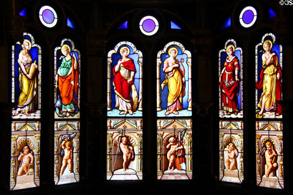 Female saints linked to Catherine de Medici stained glass windows (1858) by Claudius Lavergne in oratory of Queen's chamber at Blois Chateau. Blois, France.