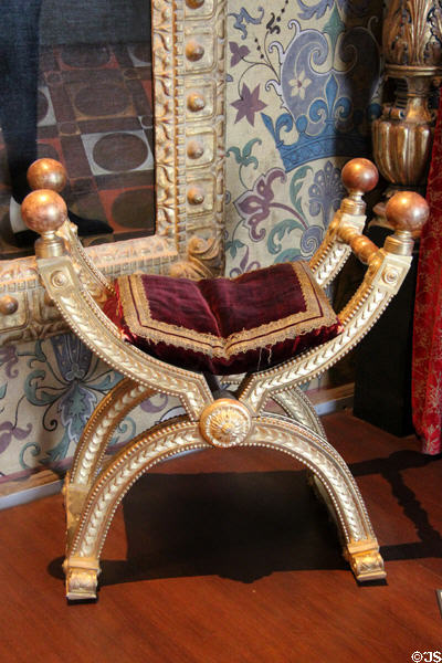 Italian Renaissance replica style folding chair (18thC) in King's Chamber at Blois Chateau. Blois, France.