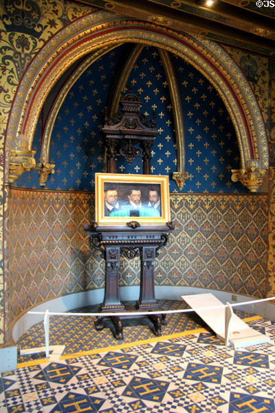Painting of Duc de Guise (center flanked by brothers) who Henri III had assassinated on Dec. 23, 1588 at Blois in King's Chamber at Blois Chateau. Blois, France.