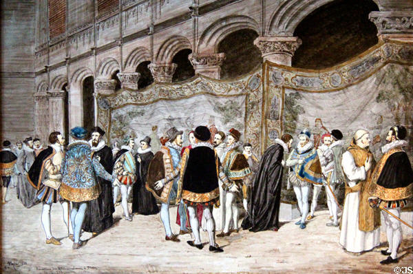 Opening of Etats généraux of Blois in 1576 (an exceptional council convened by king Henri III to revoke peace agreement with Huguenots) painting (1888) by Ulysse Besnard at Blois Chateau. Blois, France.