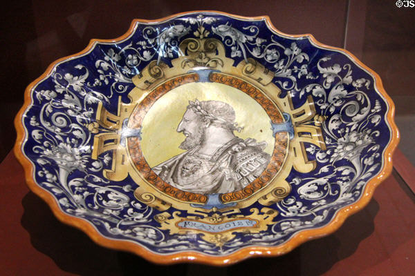 François I painting on faience bowl (1881) by Ulysse Besnard at Blois Chateau. Blois, France.