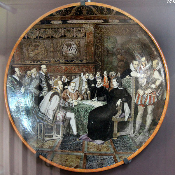 Catherine de Medici receiving Ambassadors painting on faience plate (1881) by Ulysse Besnard at Blois Chateau. Blois, France.