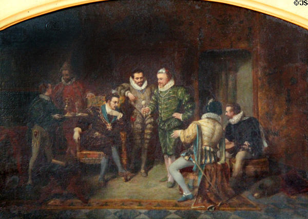 Henri III with favorites in King's bedroom in Blois Chateau painting (1857) by Ulysse Besnard at Blois Chateau. Blois, France.