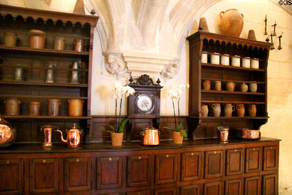 Kitchen cabinet with clock at Chenonceau Chateau. Chenonceau, France.